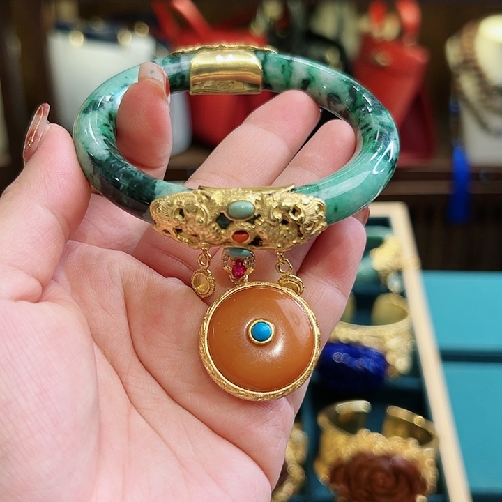 翡翠手镯银S925镶嵌古风