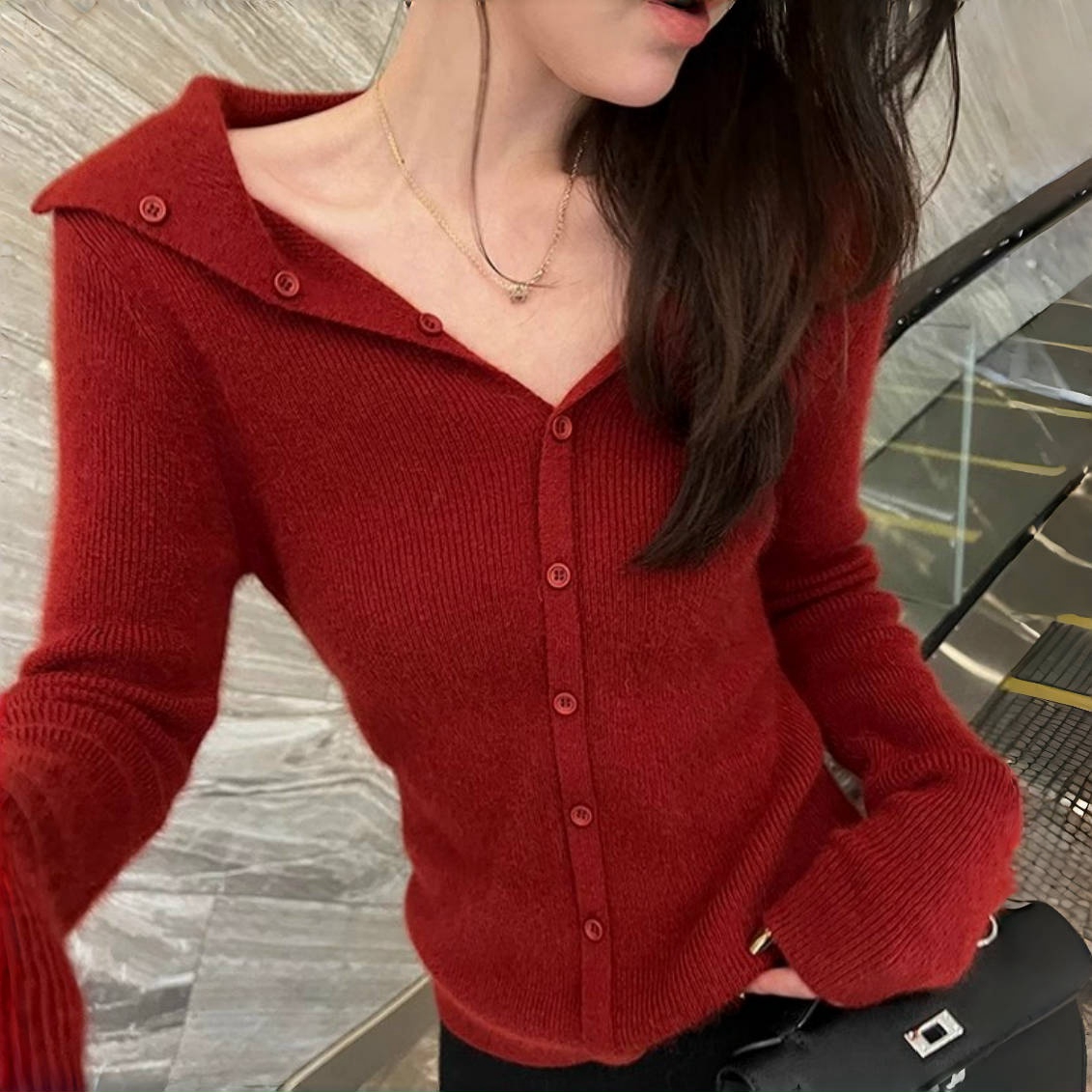 秋冬女装网红开衫红色温柔感翻领打底毛衣红色毛衣女2025新款爆款