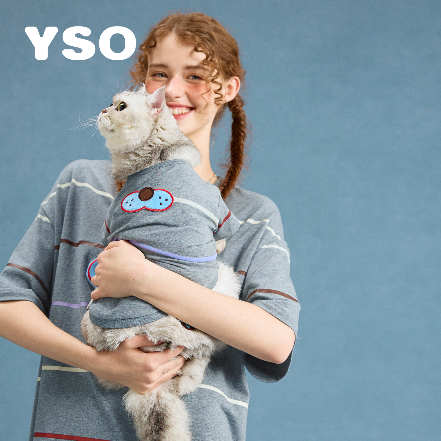 yso【酷猫系列】睡衣女连体睡裙夏条纹可爱家居服凉感宽松可外穿