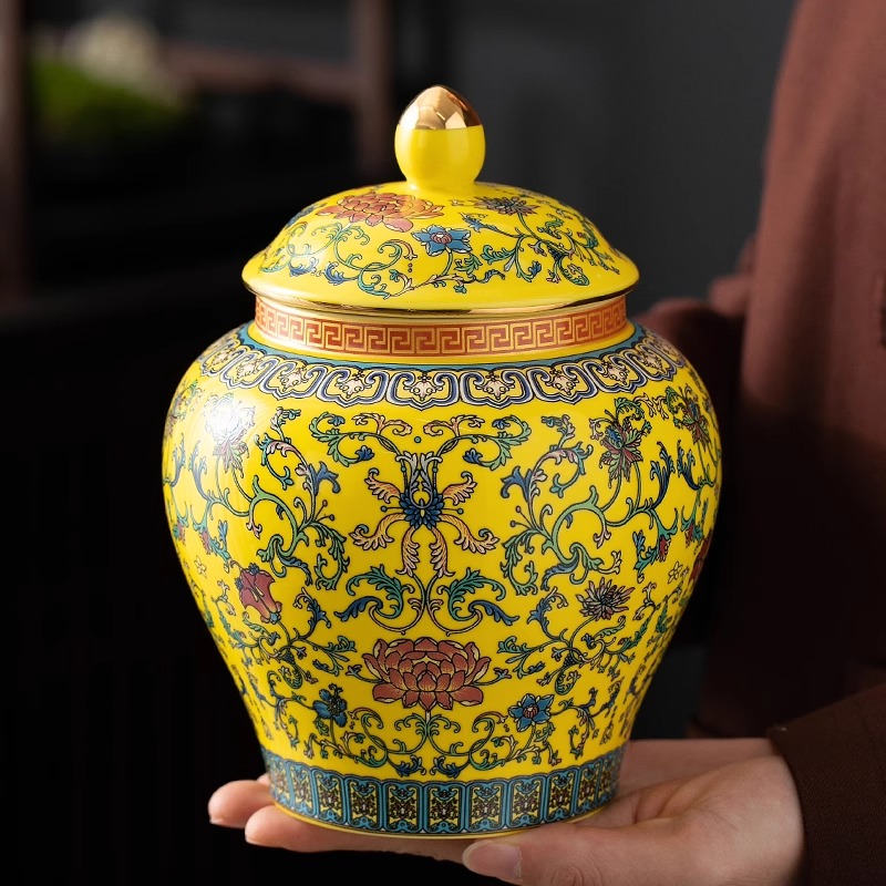 珐琅彩将军陶瓷茶叶罐密封罐小号半斤装红茶普洱茶防潮茶叶储存罐
