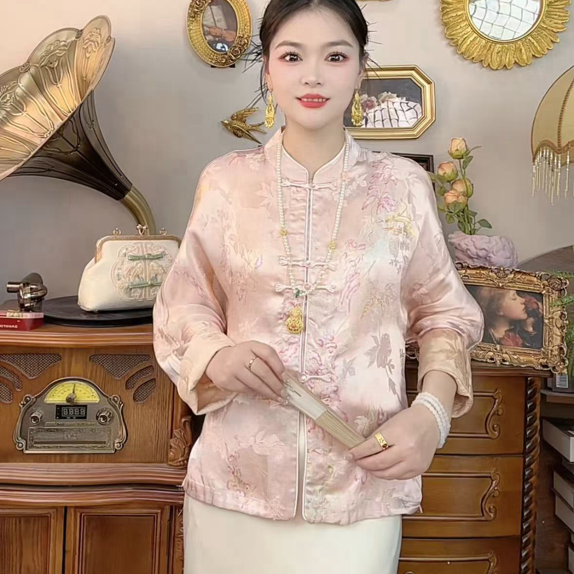 【727】新中式提花国风外套老料亭台楼阁小个子盘扣开衫女装