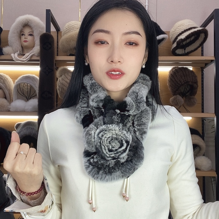 兔皮濑兔毛灰黑荷叶围巾