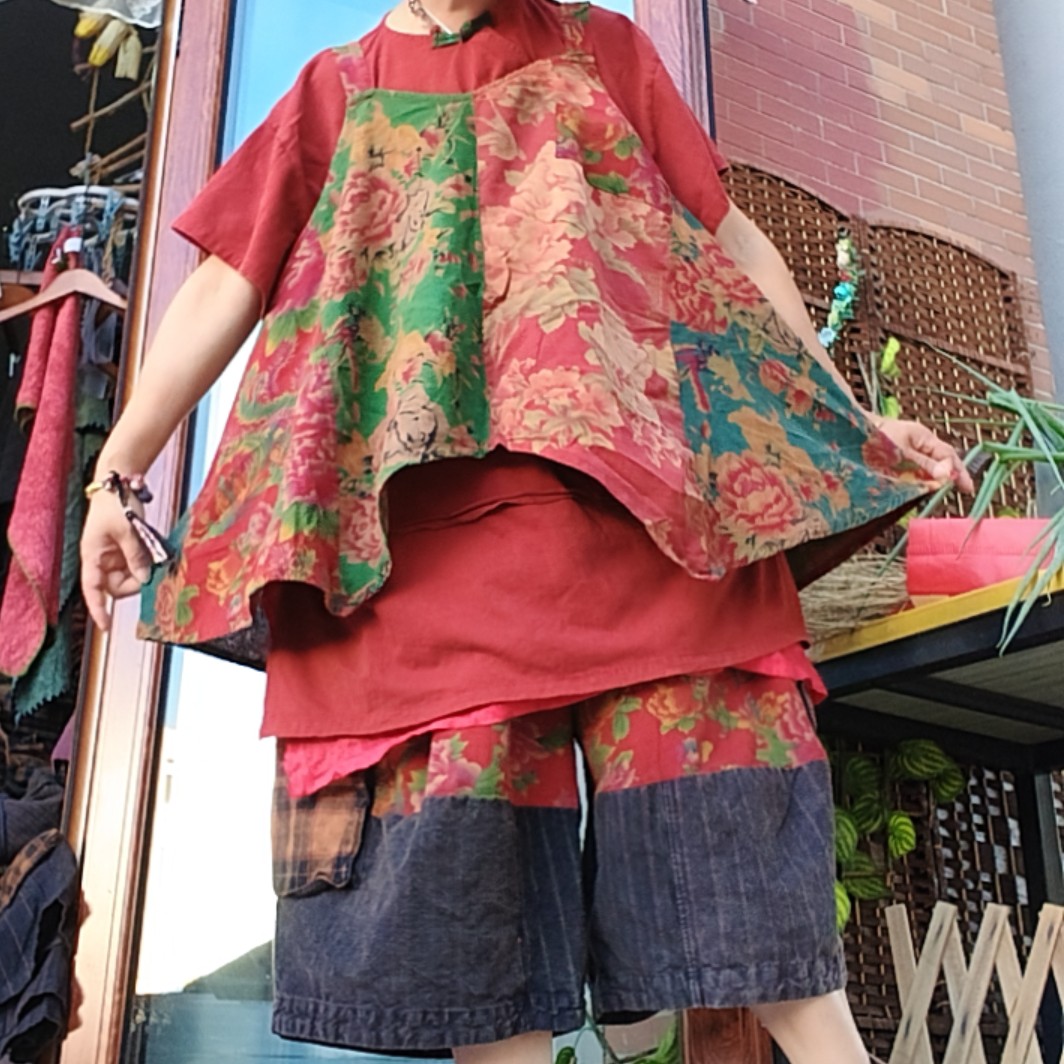 无吊牌磨白做旧红绿花有补丁拼接宽松吊带随机发花色
