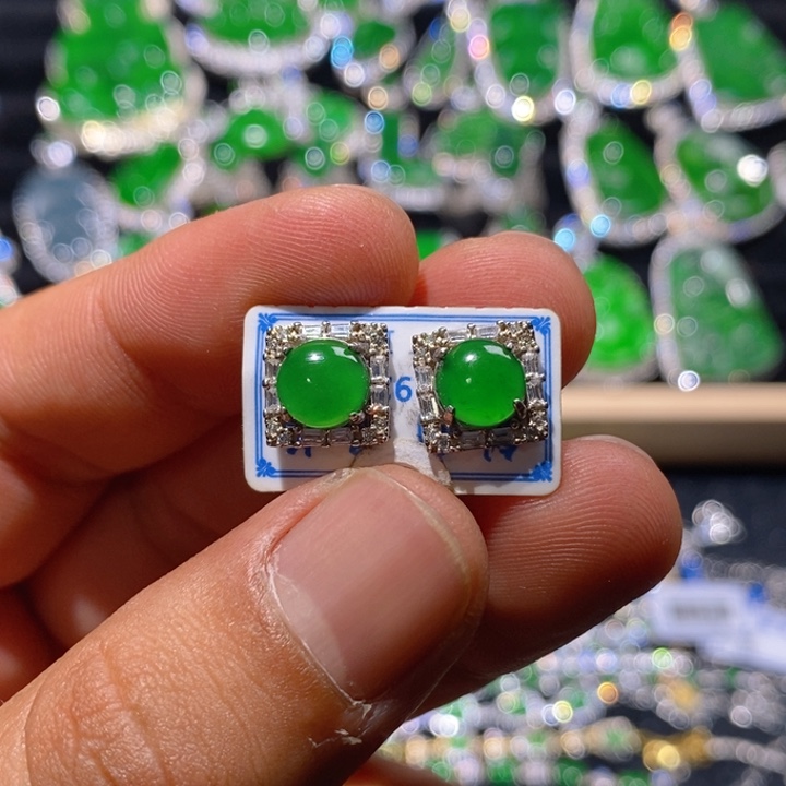 翡翠耳饰银S925镶嵌天然A货翡翠