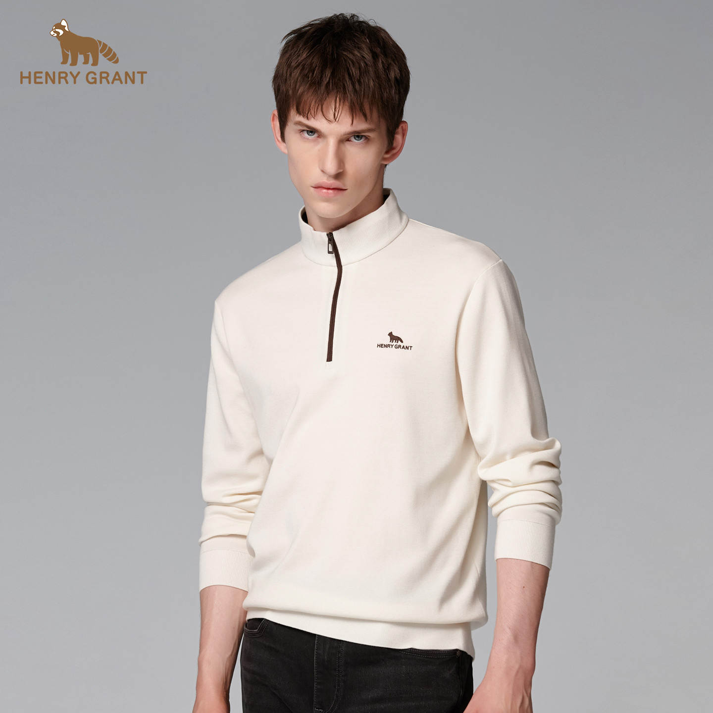 亨利格兰 长袖立领高领开衫秋季休闲半拉链磨毛加绒保暖