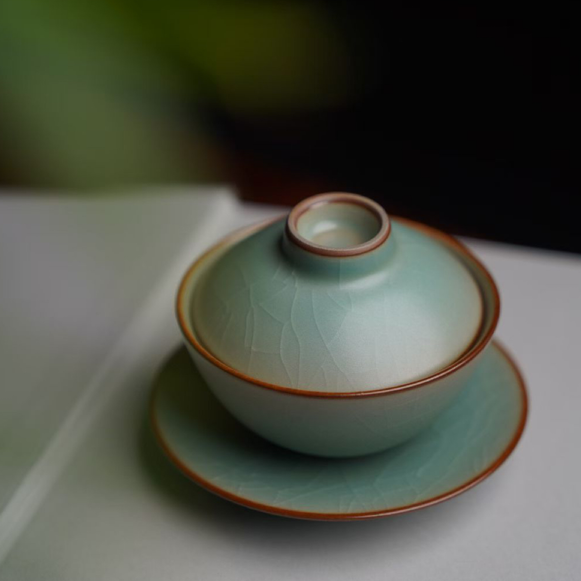 蔡晓芳晓芳窑早期九十年代作品粉青汝窑元宝盖碗汝窑盖碗三才盖碗