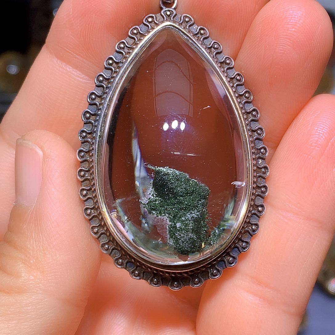 水晶吊坠银S925镶嵌天然水晶