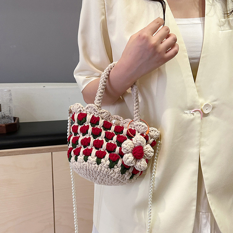 浪漫复古郁金香菜篮子包包精致手提斜挎包时尚纯手工钩织包