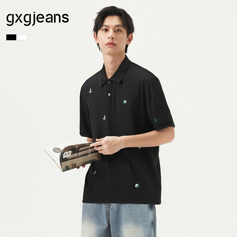 gxg.jeans男装 多色满身刺绣休闲时尚通勤翻领短袖polo衫25夏新品