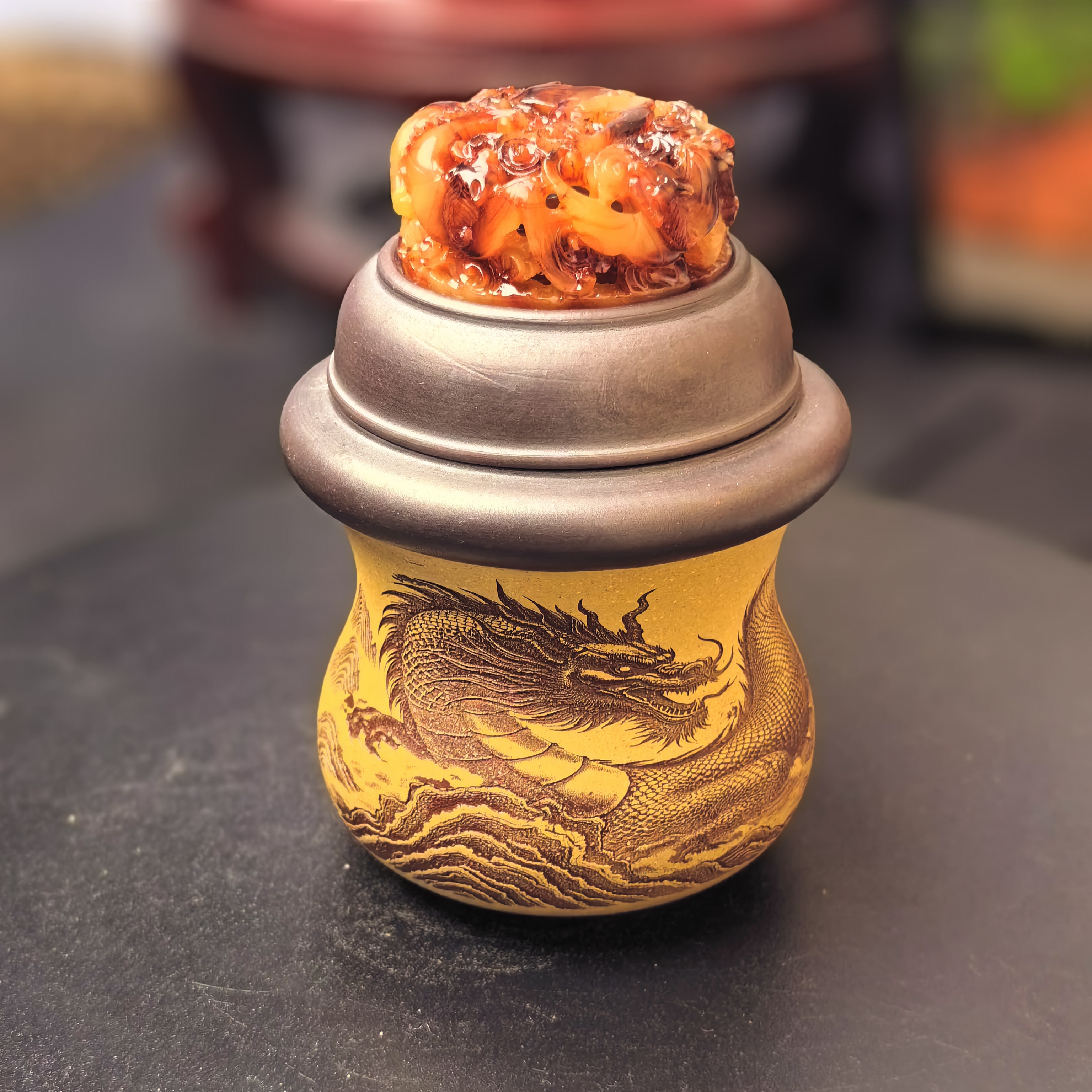 鸣虫用具墩子型叫罐黄色龙纹 鸣虫响器 树脂蒙心黑盖 三合土砸底