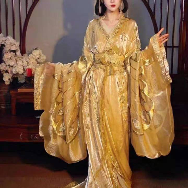 汉服女子颂游园惊梦重华战国袍直裾魏晋风重工刺绣金色广袖仙套装