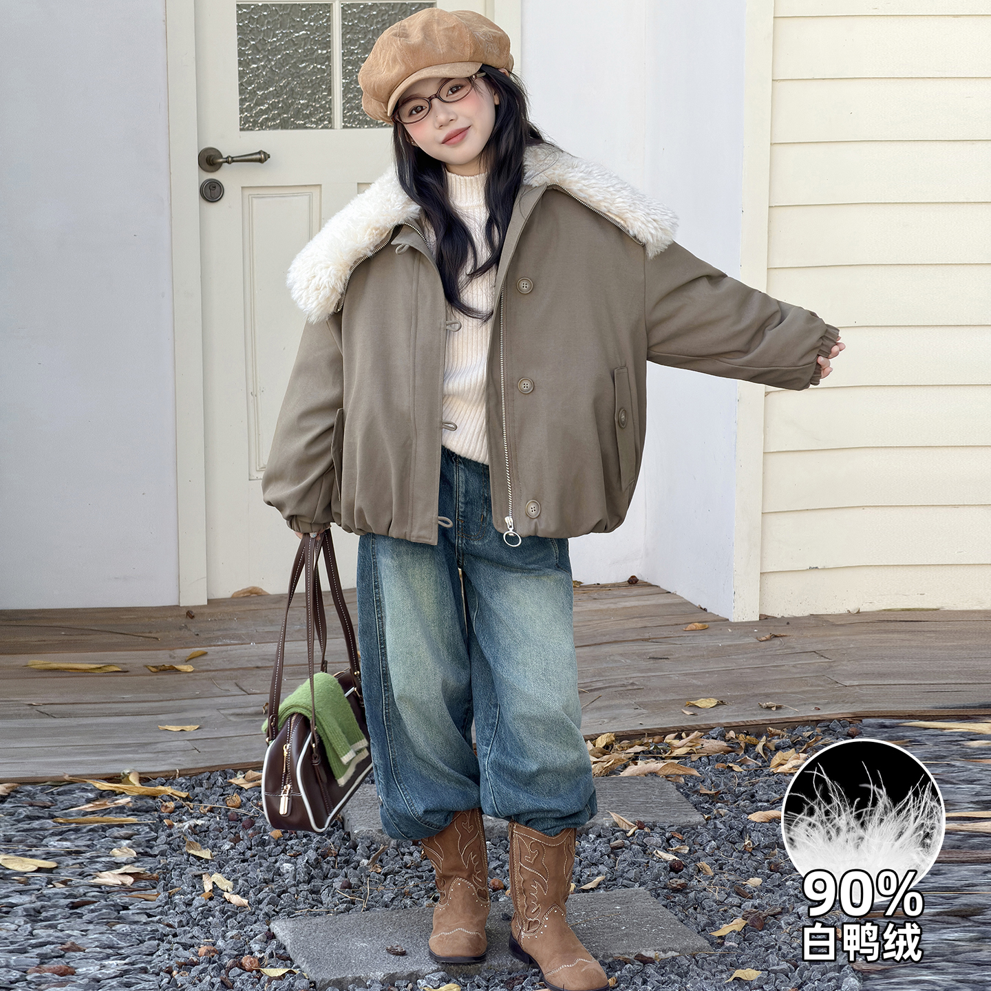 【嘻嘻柚】女童大翻领90白鸭绒派克羽绒服2025冬季复古宽松羽绒外套