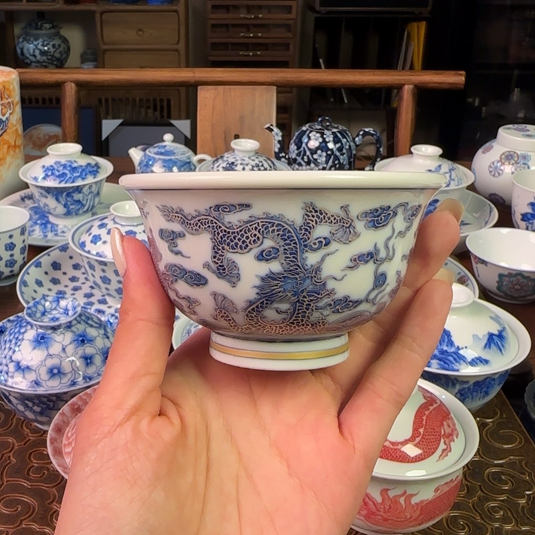 点工描金银五龙压手杯手绘名窑口