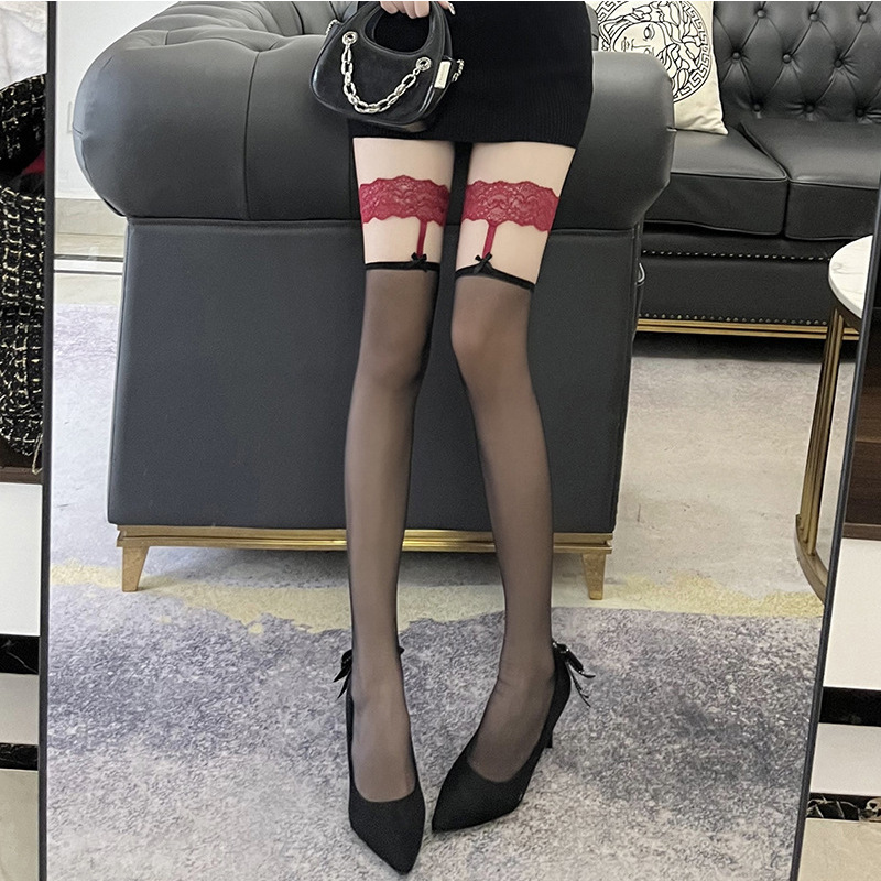 过膝丝袜女潮性感纯欲风灰色吊带红边黑丝长筒腿环白丝袜