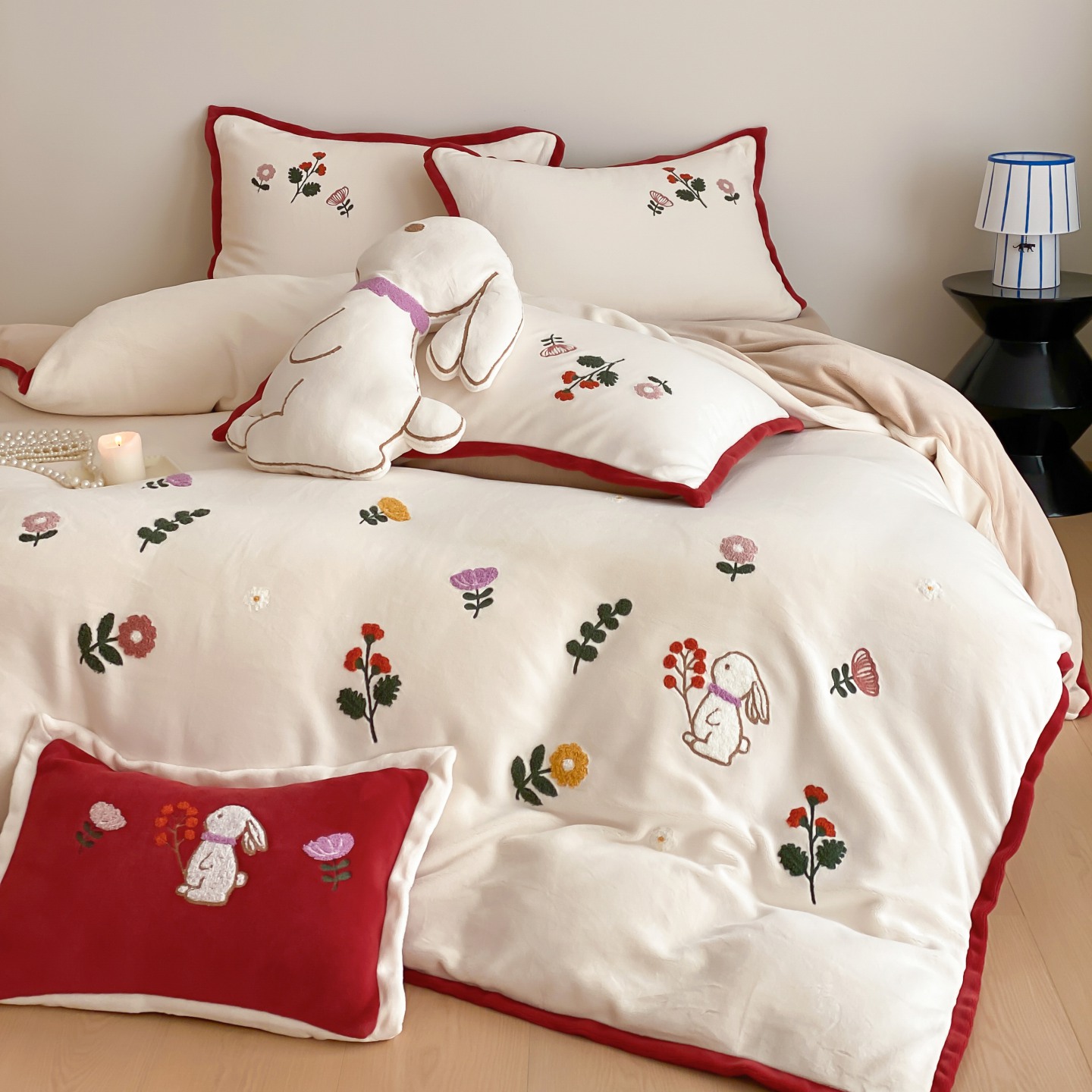 法式复古牛奶绒保暖四件套刺绣冬季亲肤床品套件印花轻奢简约A类