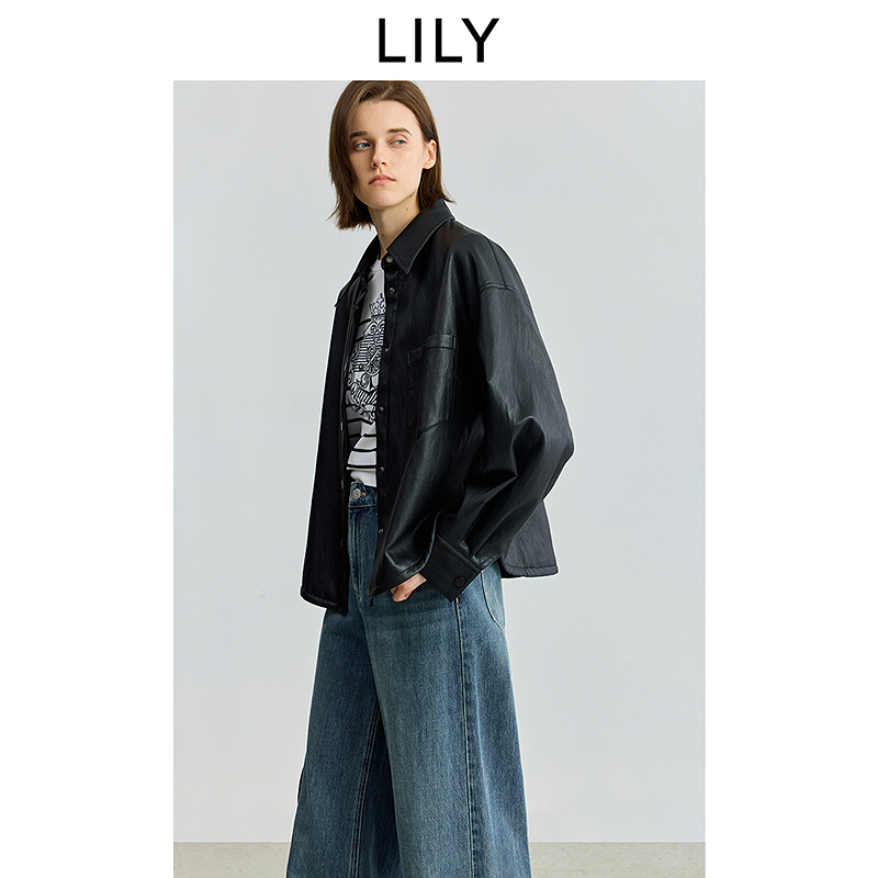 LILY2025秋新款女装复古工装机车风翻领通勤夹克外套125339C3923