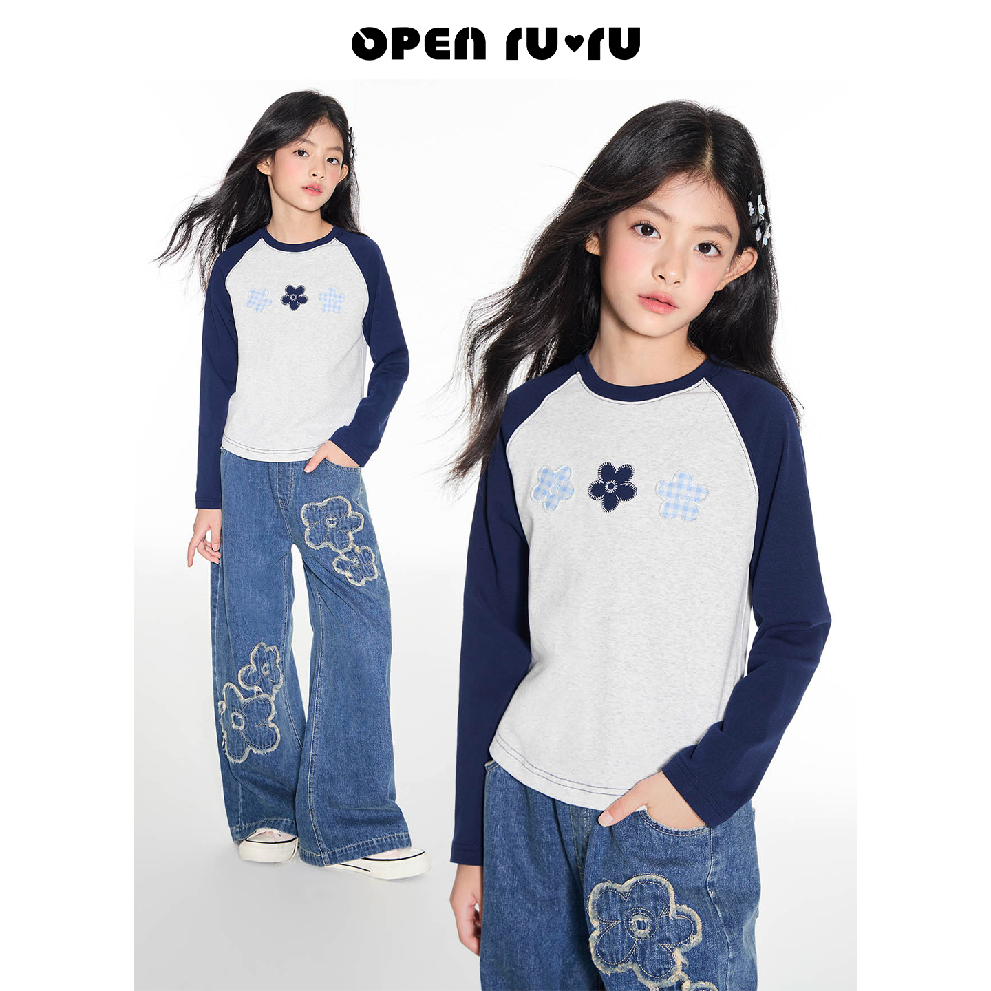 Opennunu女童花朵刺绣长袖t恤T恤秋季设计感撞色软糯插肩袖上衣