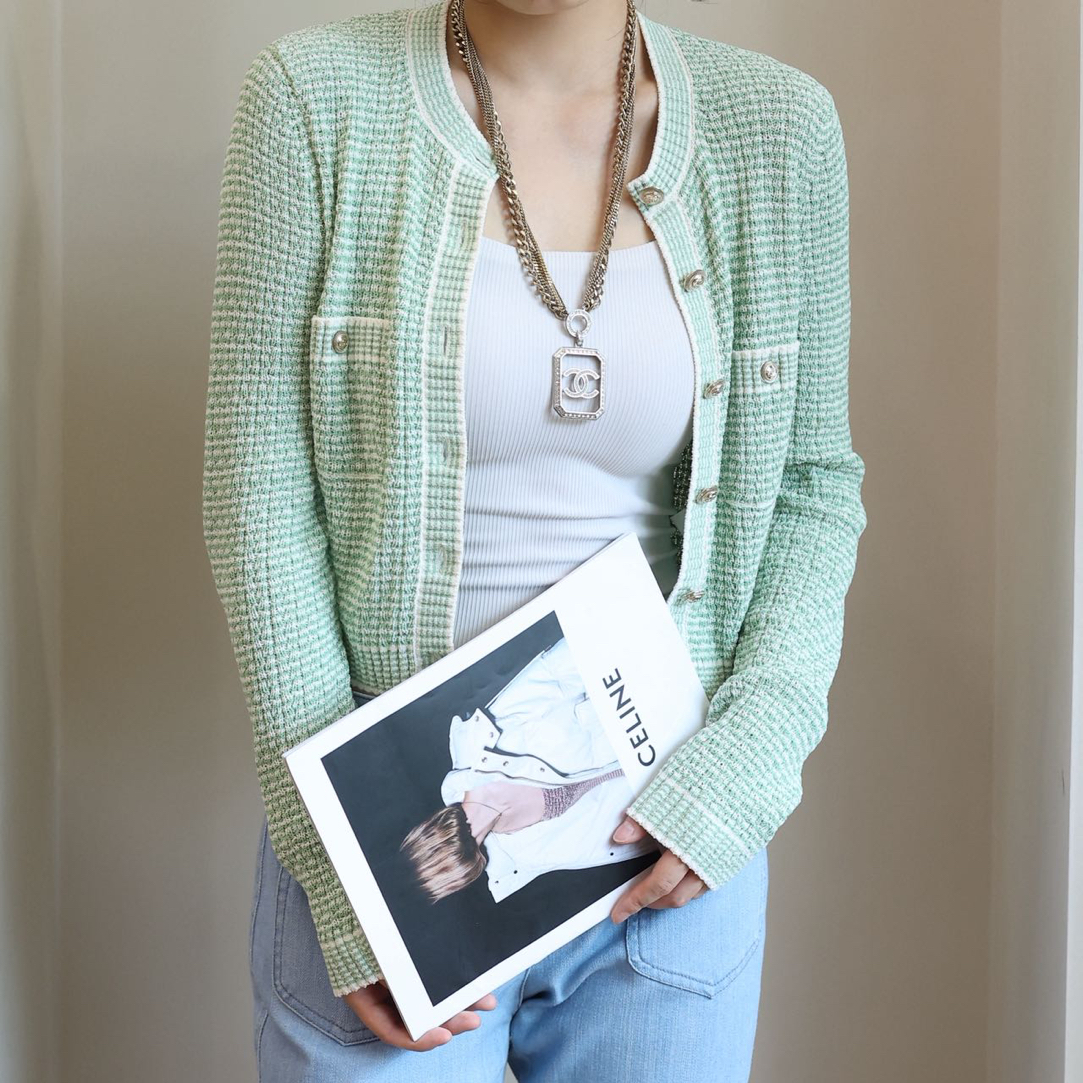99新 Chanel/香奈儿 绿色条纹撞色针织开衫