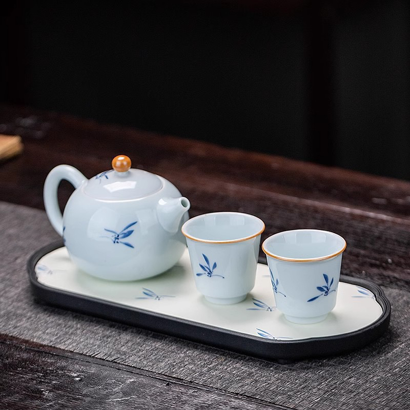兰花功夫女士茶具家用套装一壶二杯茶壶茶杯简约提梁陶瓷泡茶茶盘