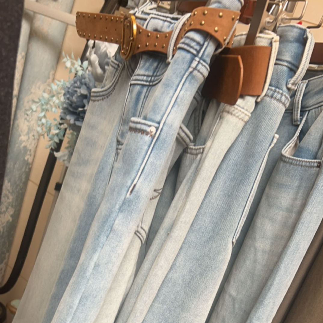 蓝色加绒宽松弹力窄版直筒拖地裤阔腿牛仔裤女冬季新款时尚百搭