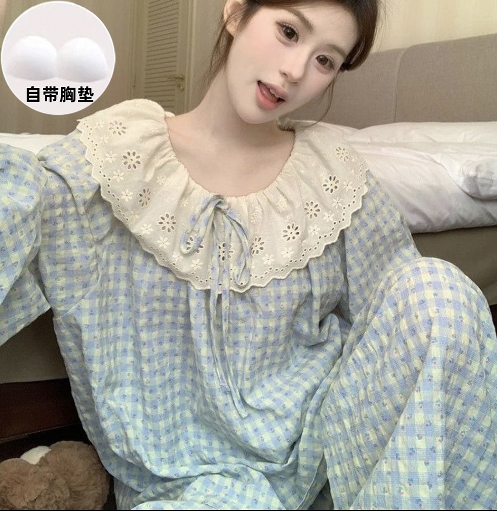 带胸垫100%云朵棉睡衣女睡衣家居服秋冬娃娃领新款简约气质时尚