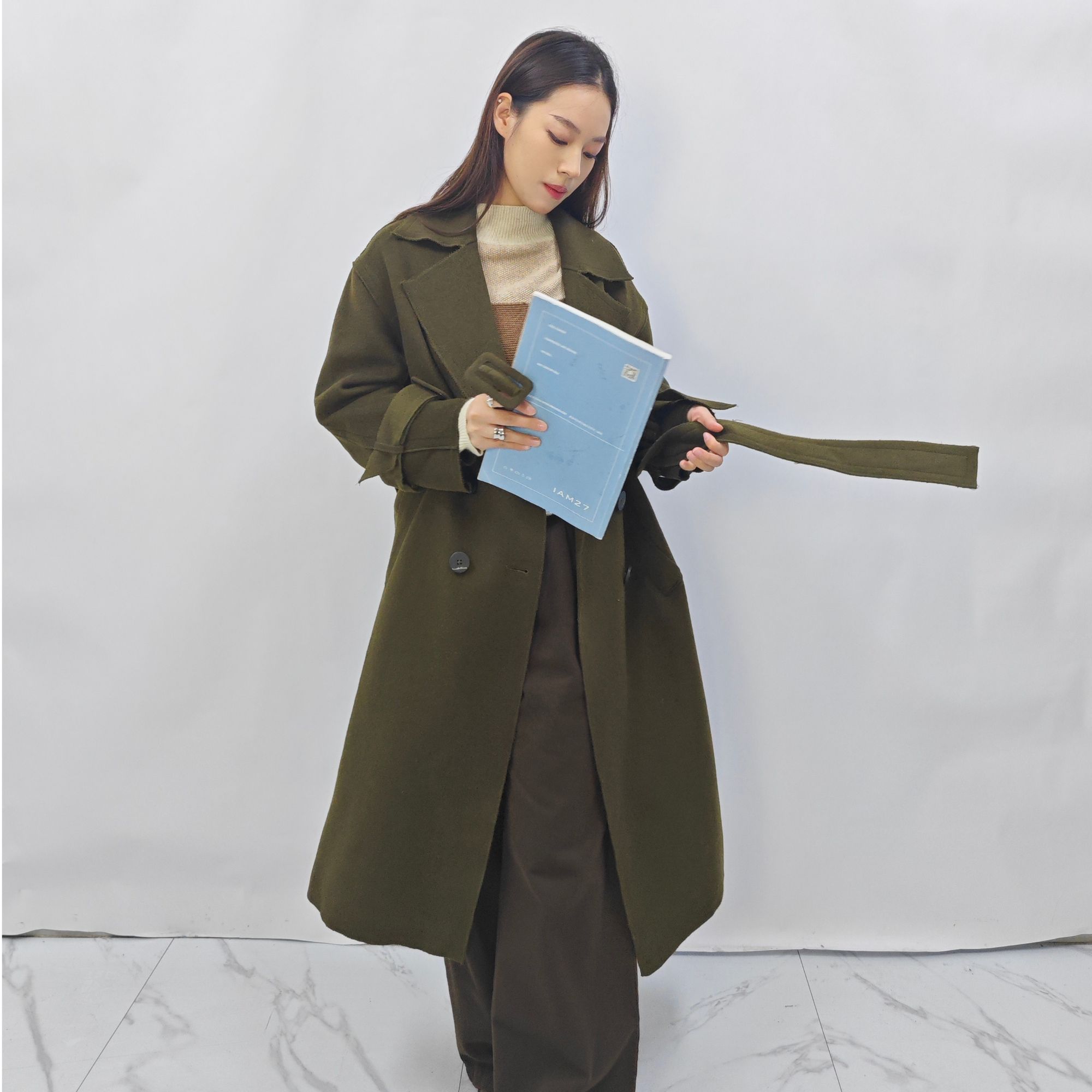 LOFTSHINE秋冬昵大衣双面昵宽松双排扣韩版英伦绿色羊毛大衣女