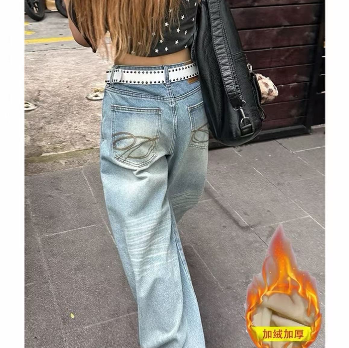 【加绒加厚高质量】美式复古刺绣牛仔裤女高腰宽松显瘦阔腿拖地裤