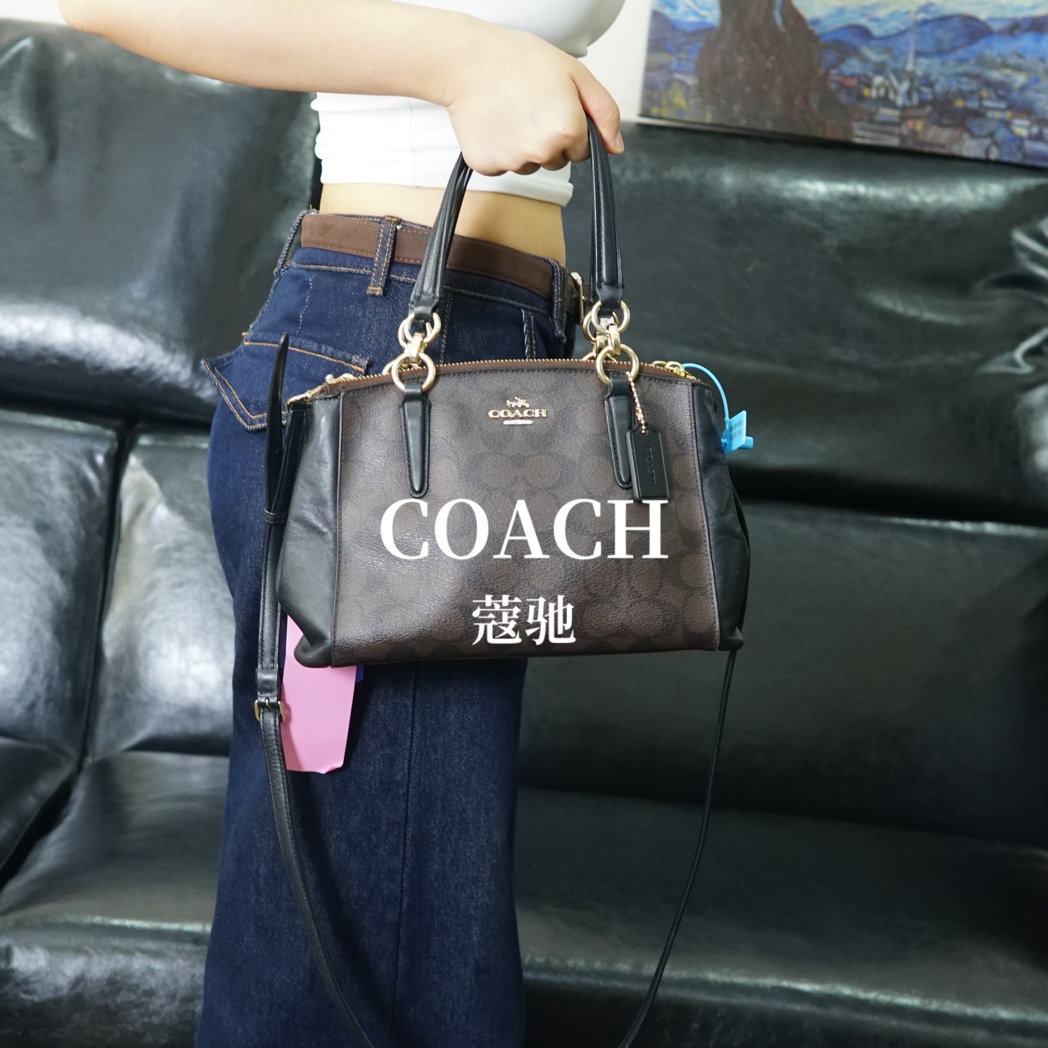 95新 COACH/蔻驰 黑花手提斜挎包/EE06208076/8076