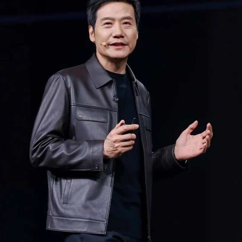 雷军同款皮衣外套皮衣男2025春季新款休闲黑色翻领绵羊皮夹克高端