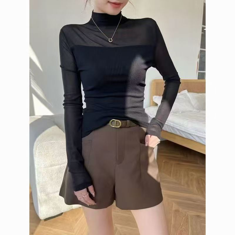 【福利品】秋冬黑色蕾丝半高领T恤长袖女士内搭半高领女网红
