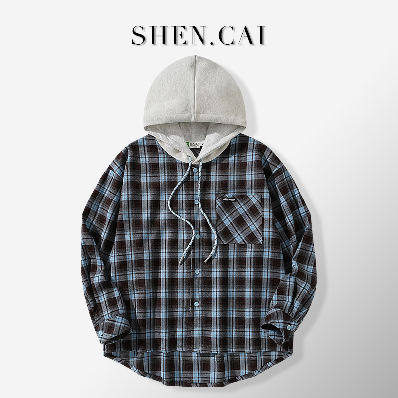 女大童格子衬衫秋装新款韩版初高中学生百搭宽松连帽开衫秋季复古