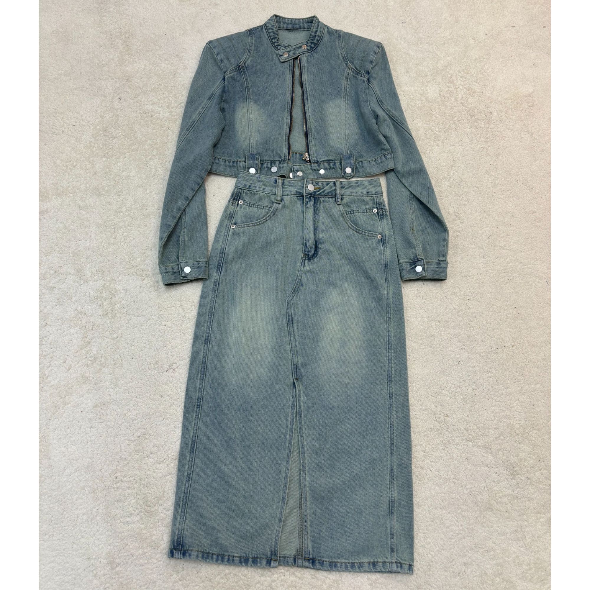 春款上新港风复古立领短牛仔外套高腰显瘦半身裙套装25110