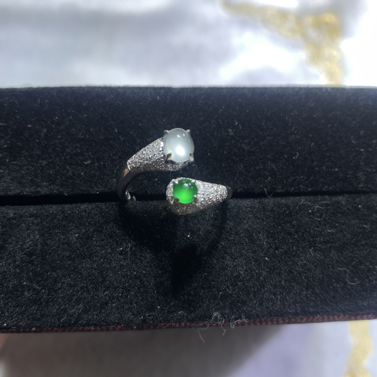 天然翡翠A货双蛋戒指金镶