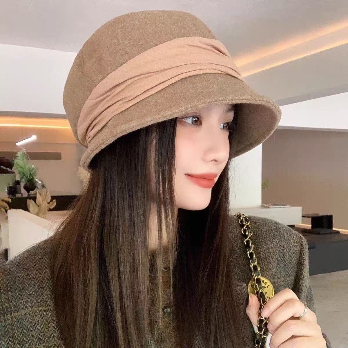 秋冬绑带渔夫帽毛呢帽子宽沿显脸小气质优雅盆帽