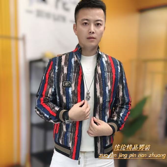 8181秋季新款时尚男士修身彩条百搭夹克