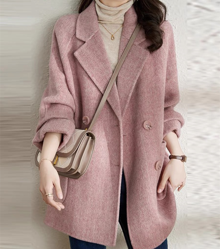 七个色/秋冬季粉色毛呢大衣女小个子中长韩版呢外套气质休闲 8803