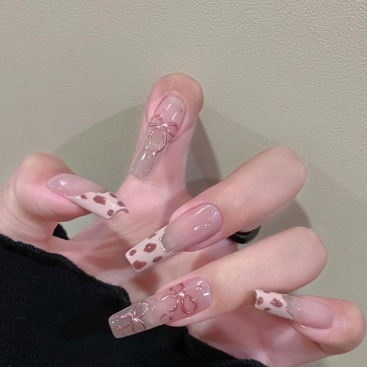 秋冬显白法式豹纹蝴蝶蝴蝶结猫眼可拆卸高级美甲穿戴甲