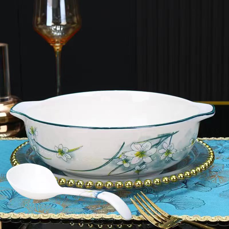 【水仙花双耳带耳10.5英寸汤碗一个送勺子一个】破损补发