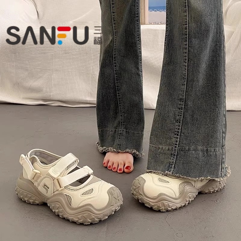 三福女士运动凉鞋女2025新款小众厚底玛丽珍丑萌鞋镂空休闲老爹鞋