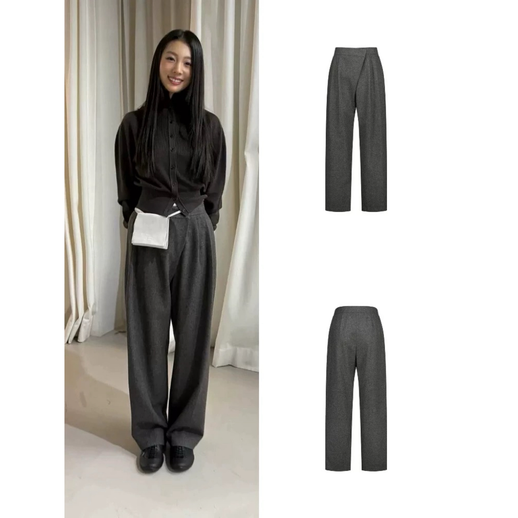 【粉风】东大门.amomento设计师款褶皱斜襟垂感西裤长裤