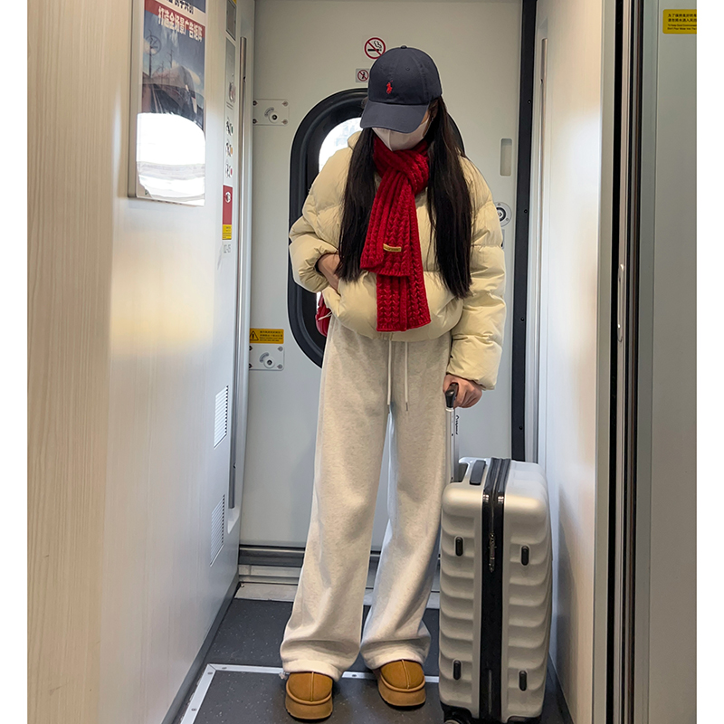 冬季加绒卫裤女欧美风辣妹阔腿裤秋冬加绒显瘦宽松运动裤