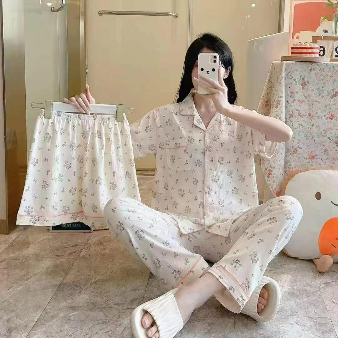 罗丽丝三件套睡衣女夏款短袖长裤可爱彩色条纹开衫休闲宽松家居服