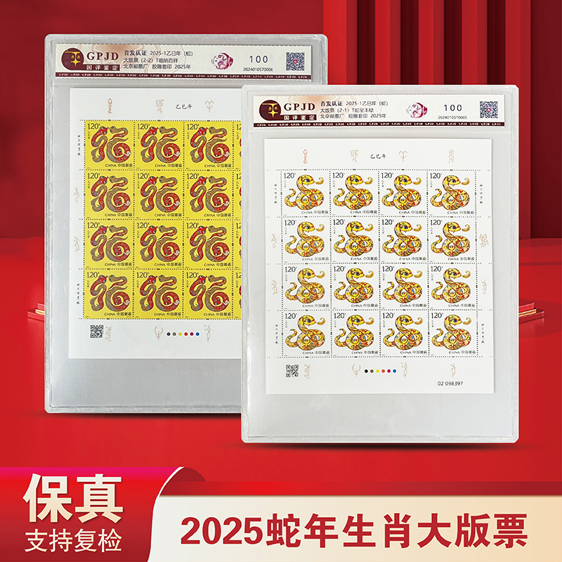 【首发认证】-2025年蛇年生肖大版邮票 国评鉴定 100分