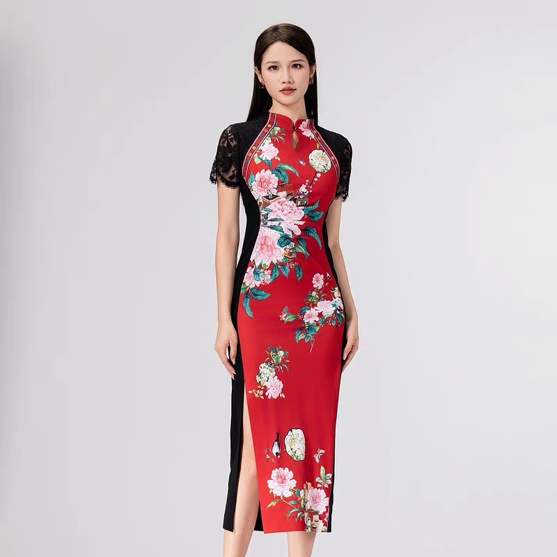 SUSSI/古色25夏商场同款修身红底中式立领开衩短袖气质旗袍连衣裙