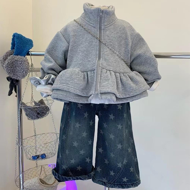 女童花苞加绒外套2025秋冬季新款韩版微阔喇叭星星牛仔裤加绒款套