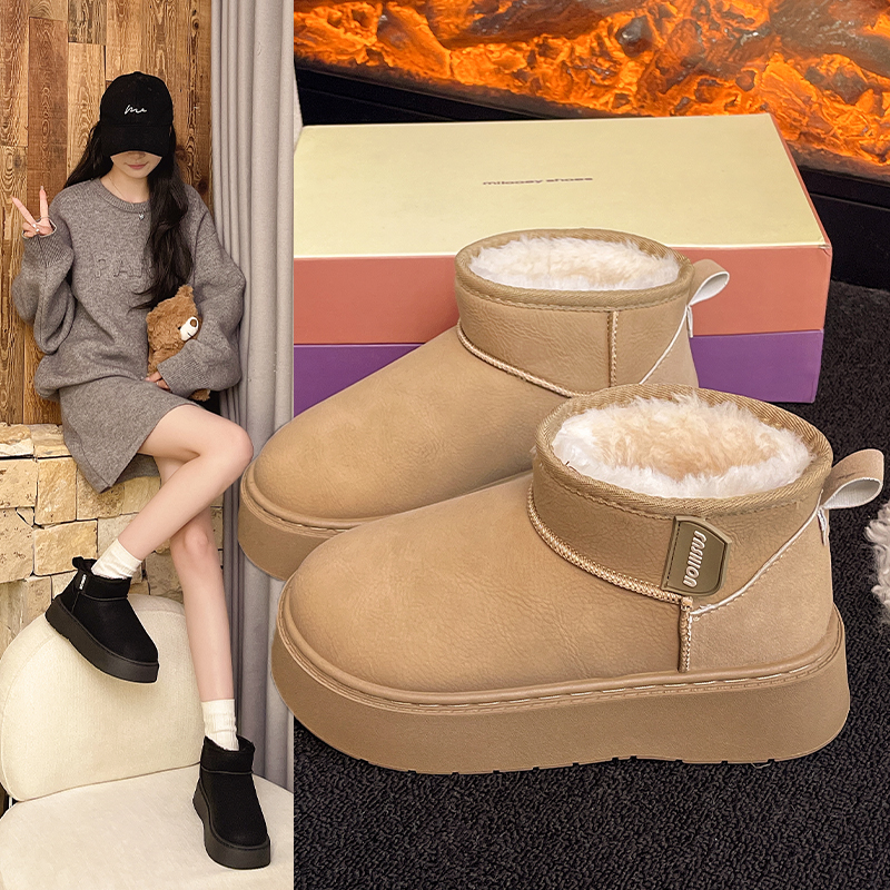皮面加绒加厚雪地靴女琥珀流光时尚中跟厚底增高冬季保暖短筒棉鞋