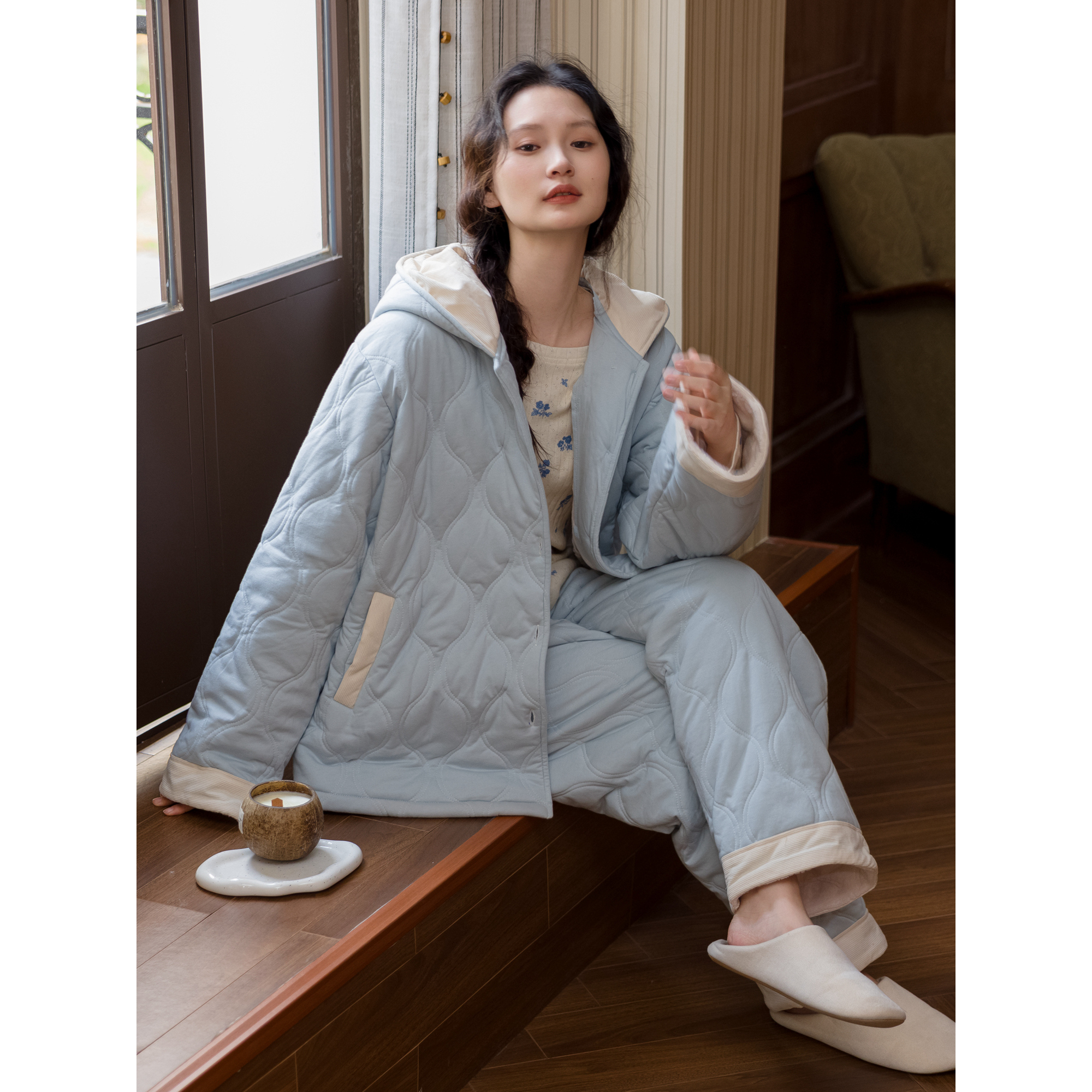 蓝色连帽三层夹棉保暖棉服睡衣女秋冬季新款大码家居服套装可外穿