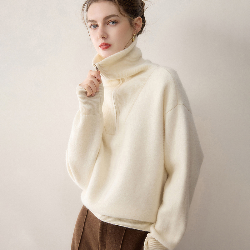 100%小山羊绒衫女半高拉链加厚翻领baby立领修宽宽松毛衣