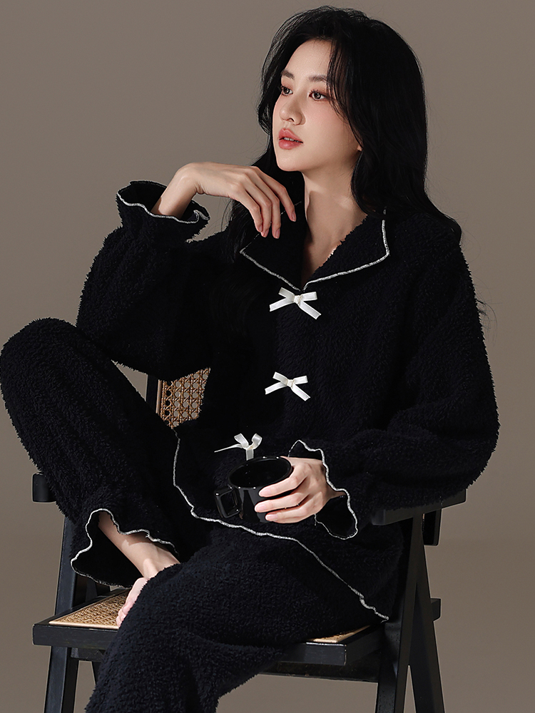 加厚保暖绒睡衣女款秋冬季天珊瑚绒甜美花边可爱高级感家居服套装