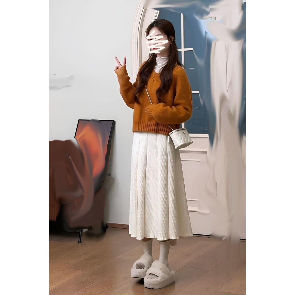 2025秋季新款女慵懒风宽松针织毛衣+内搭蕾丝上衣+气质高腰半身裙